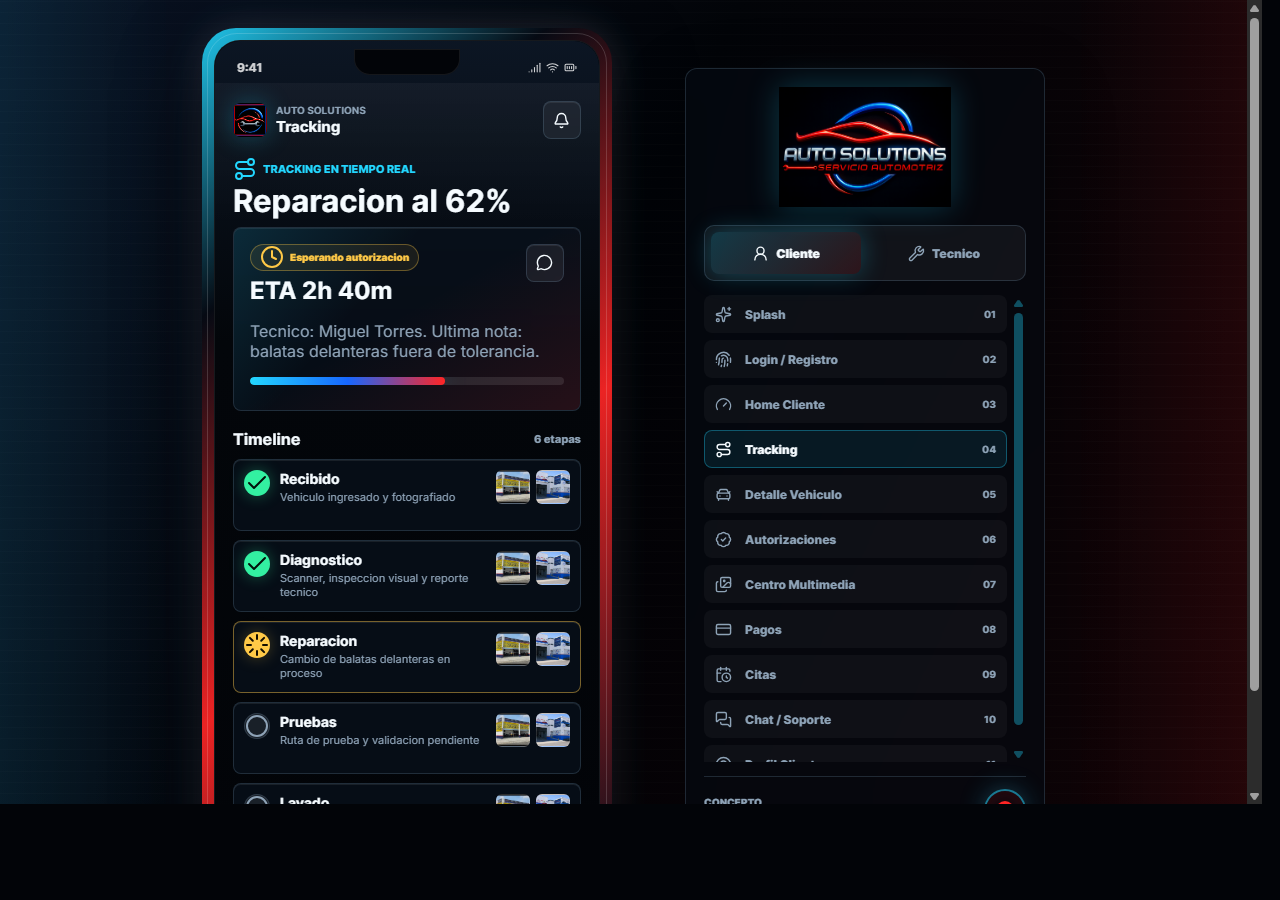 PWA de clientes AutoSolutions con seguimiento